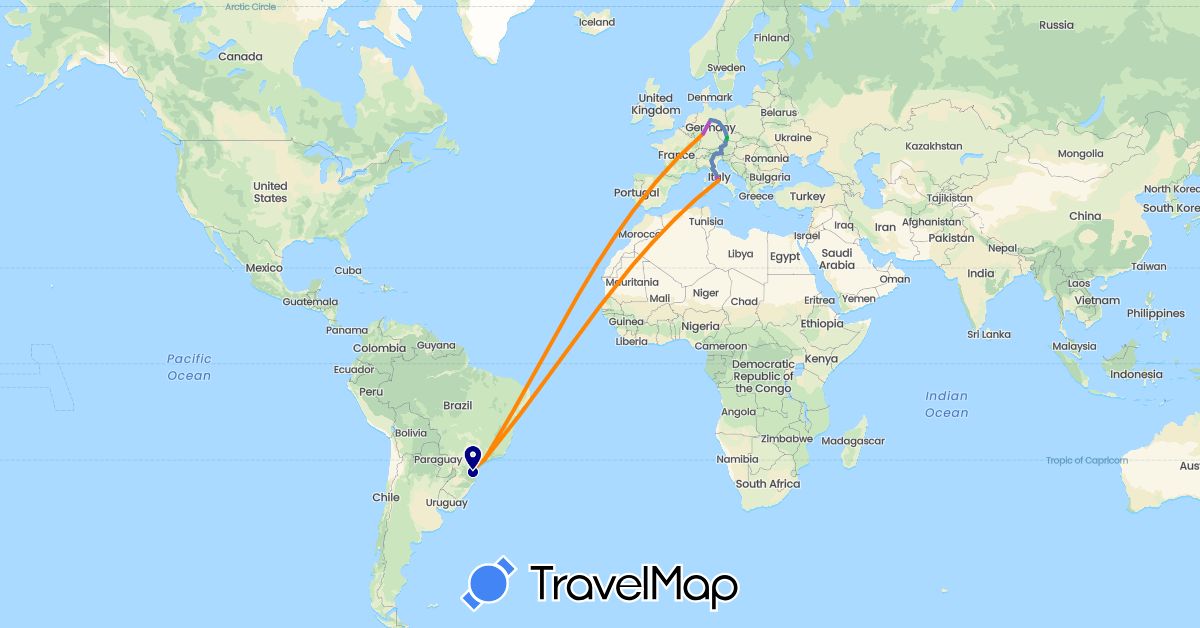 TravelMap itinerary: driving, bus, cycling, train, avião in Austria, Brazil, Czech Republic, Germany, Italy (Europe, South America)
